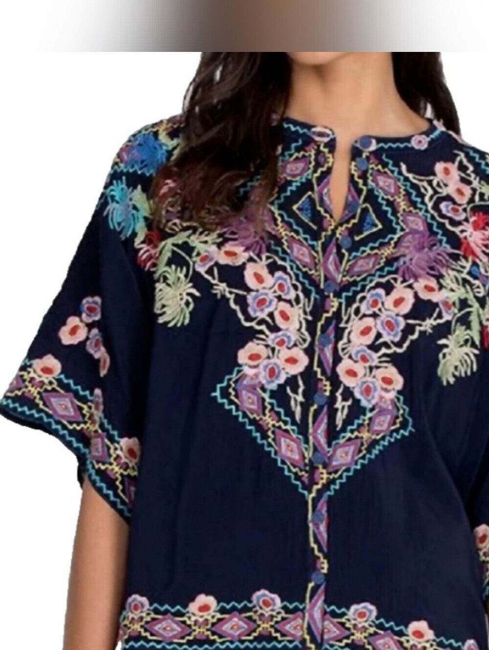 Johnny Was Blouse Women Blue Sz S Tuscany Night Embroidered Oversized Button-Up